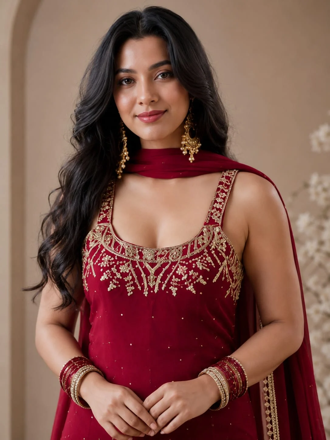 Faux Georgette Red Top Palazzo & Dupatta Set - View 3