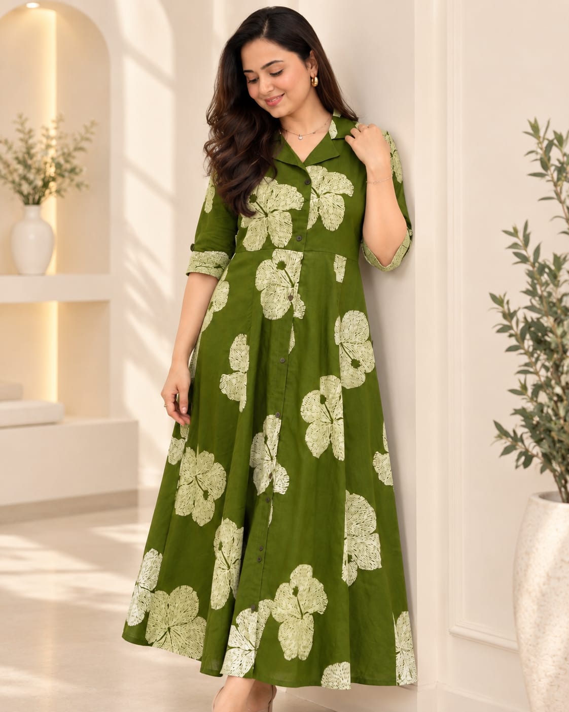 Green Floral Printed Cotton Midi Dress - View 3