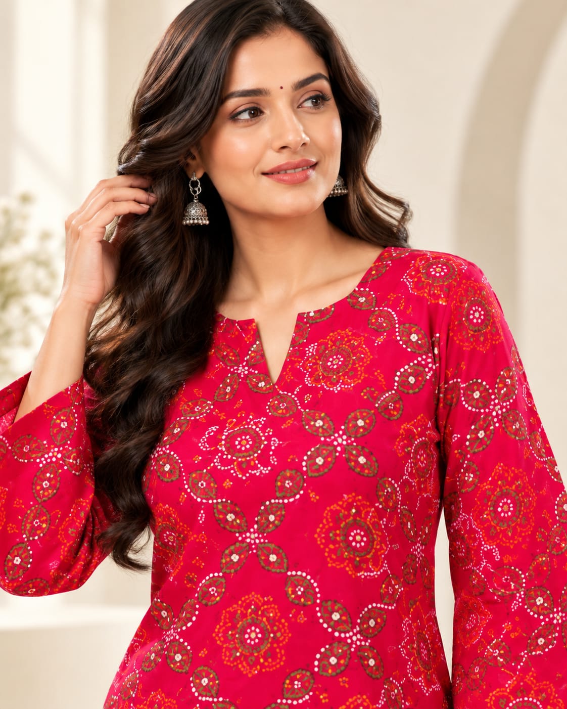 Red Cotton Leheriya Printed Stitched Farsi Salwar Suit Set - View 2