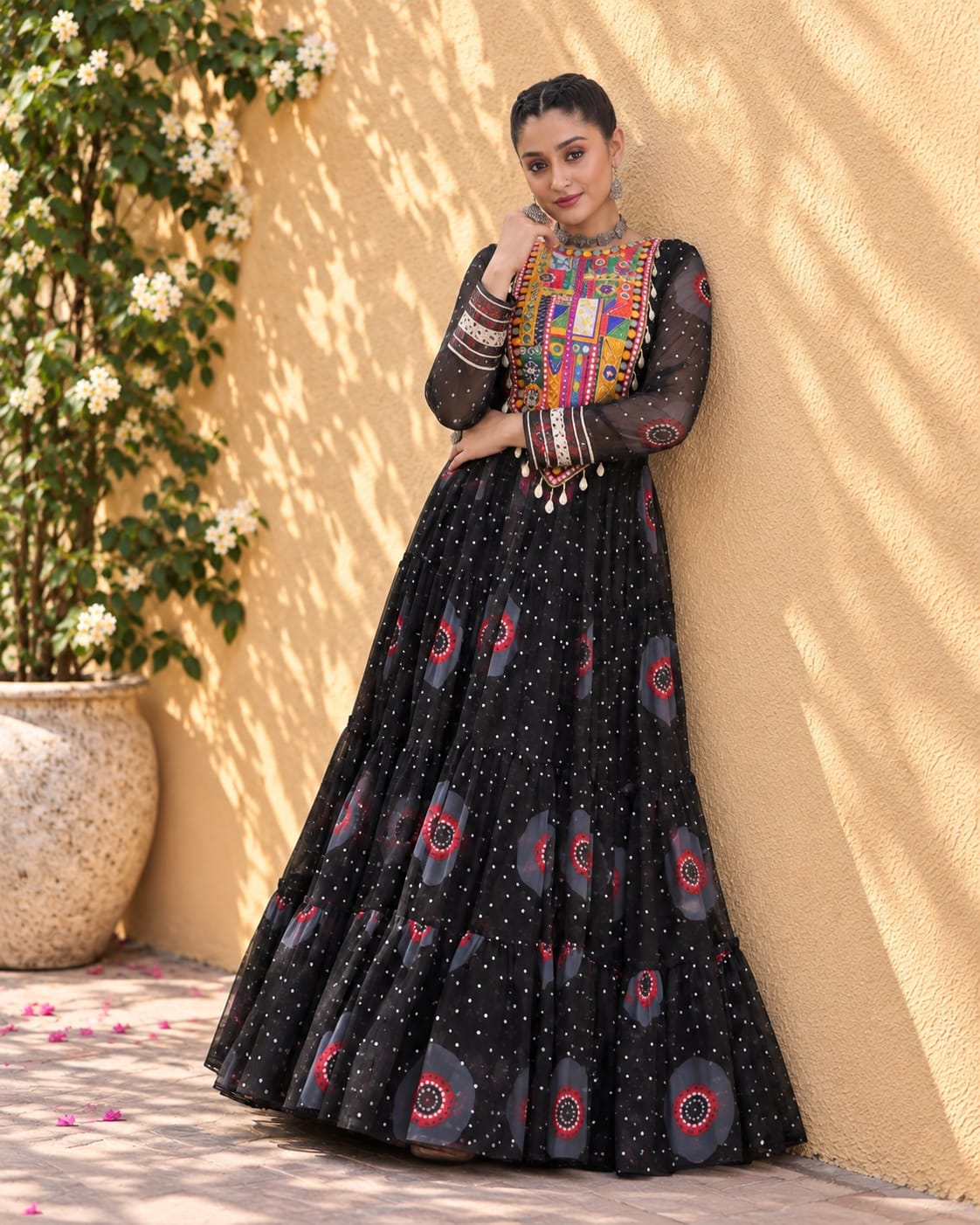 Black Navratri Special Bandhani Print Gown with Mirror Work - View 2