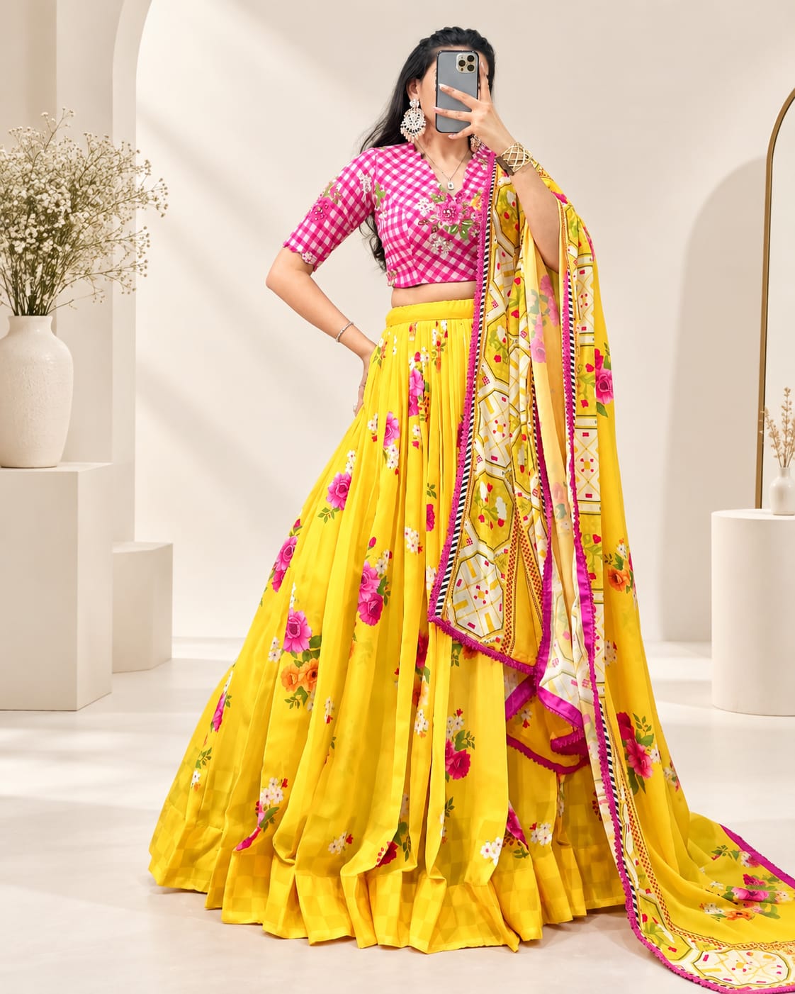 Yellow and Pink Floral Georgette Festive Lehenga Choli Set [Unstitched Blouse]