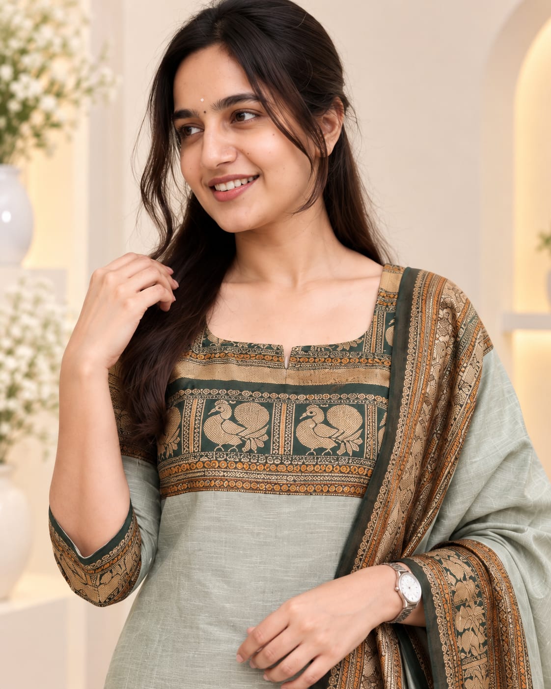 Pure Kanchi Cotton Printed Suit Set with Zari Jacquard Dupatta - View 3