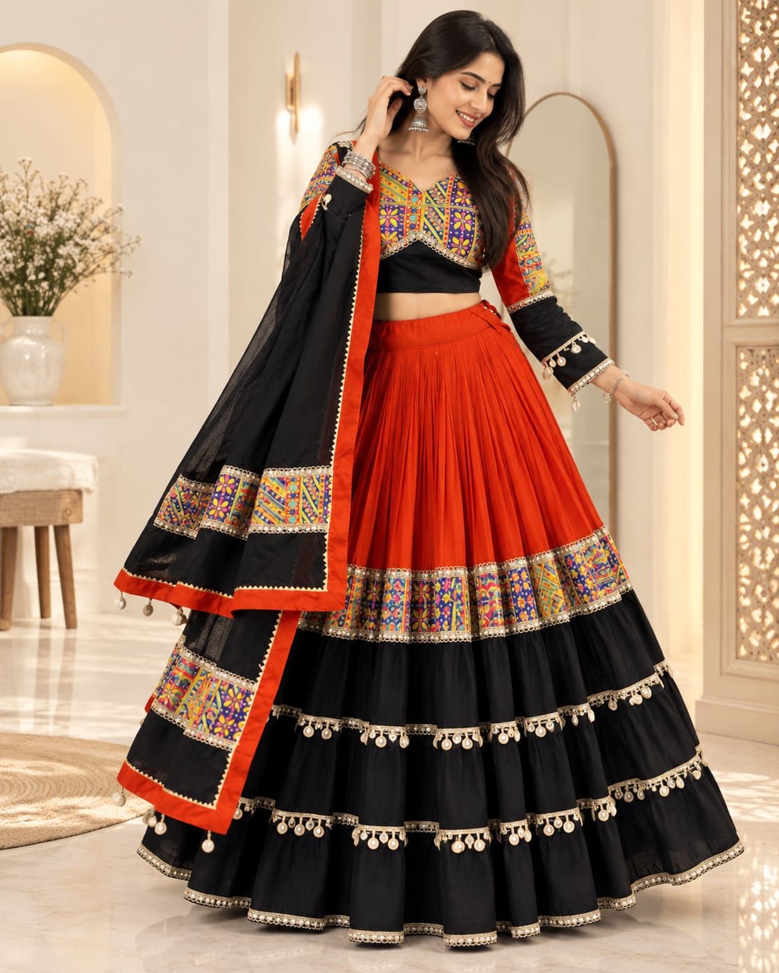 Black and Red Pure Cotton Navratri Special Lehenga Choli Set - View 2