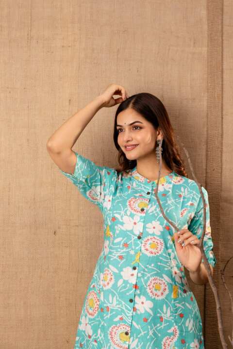 Aqua Floral Printed Front-Button Kurti