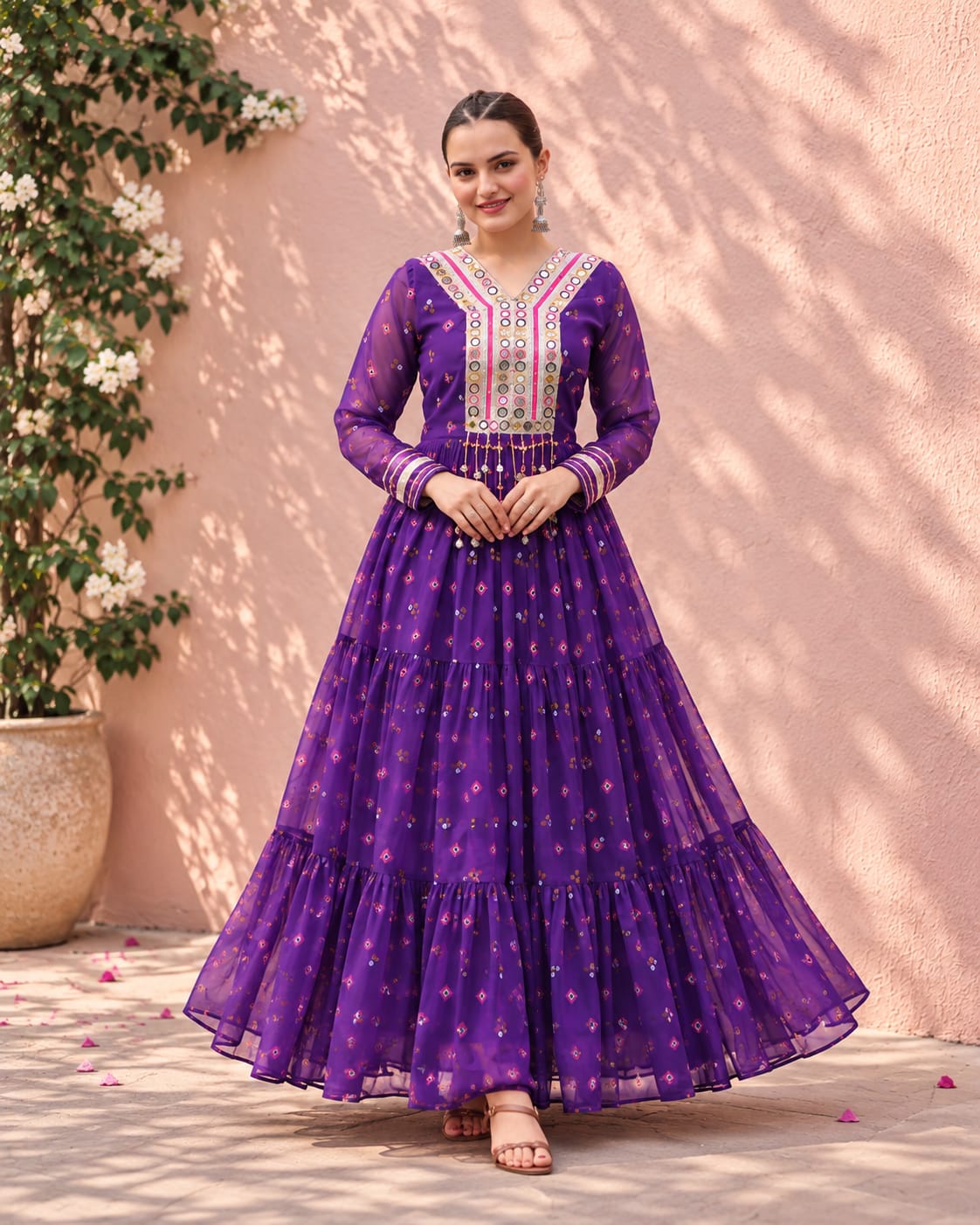 Purple Georgette Navratri Gown with V-Neck Mirror Work