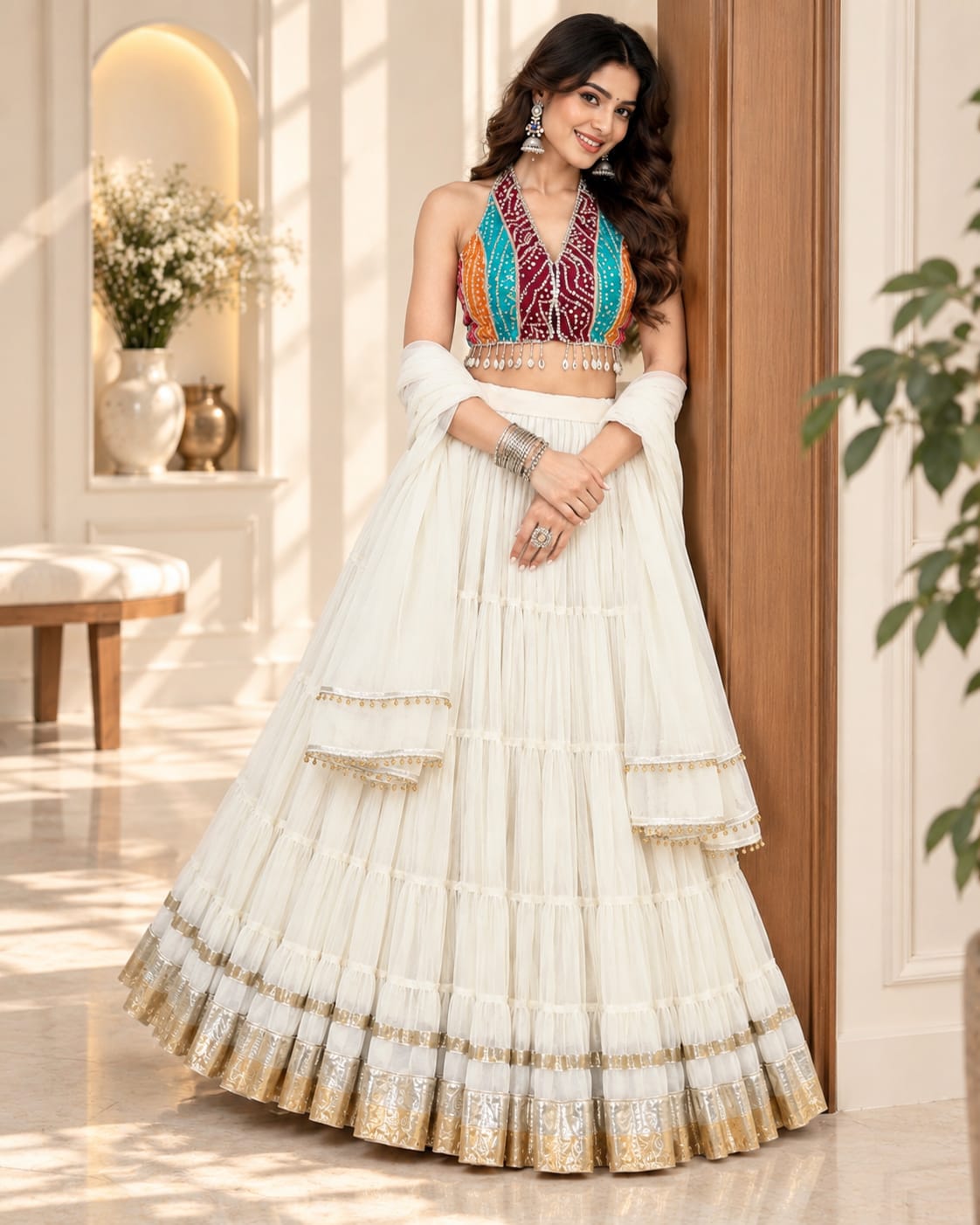 White Navratri Special Lehenga Choli with Bandhani Print Blouse - View 4