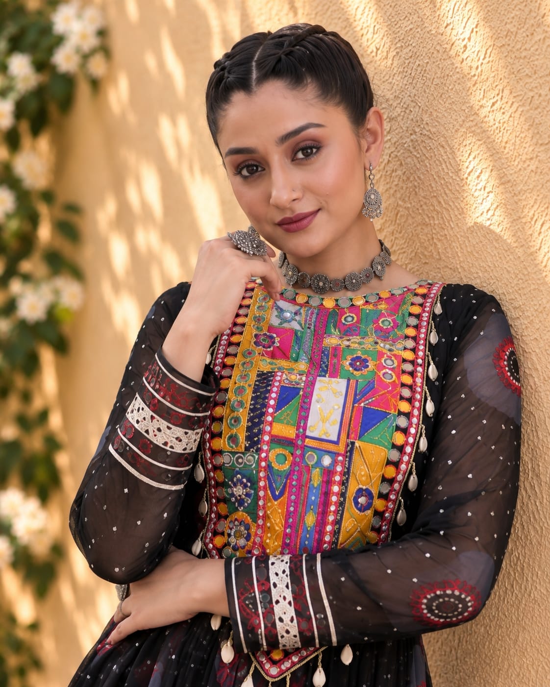 Black Navratri Special Bandhani Print Gown with Mirror Work - View 3