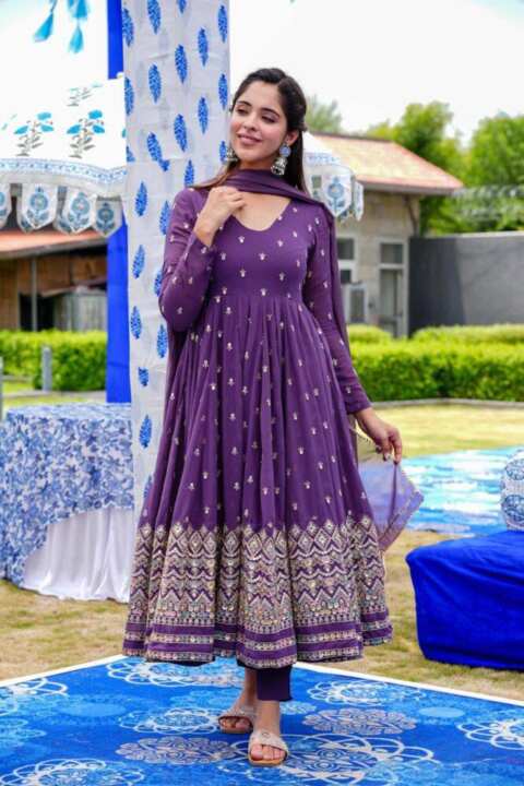 Purple Woven Silk Blend Anarkali Kurta Set