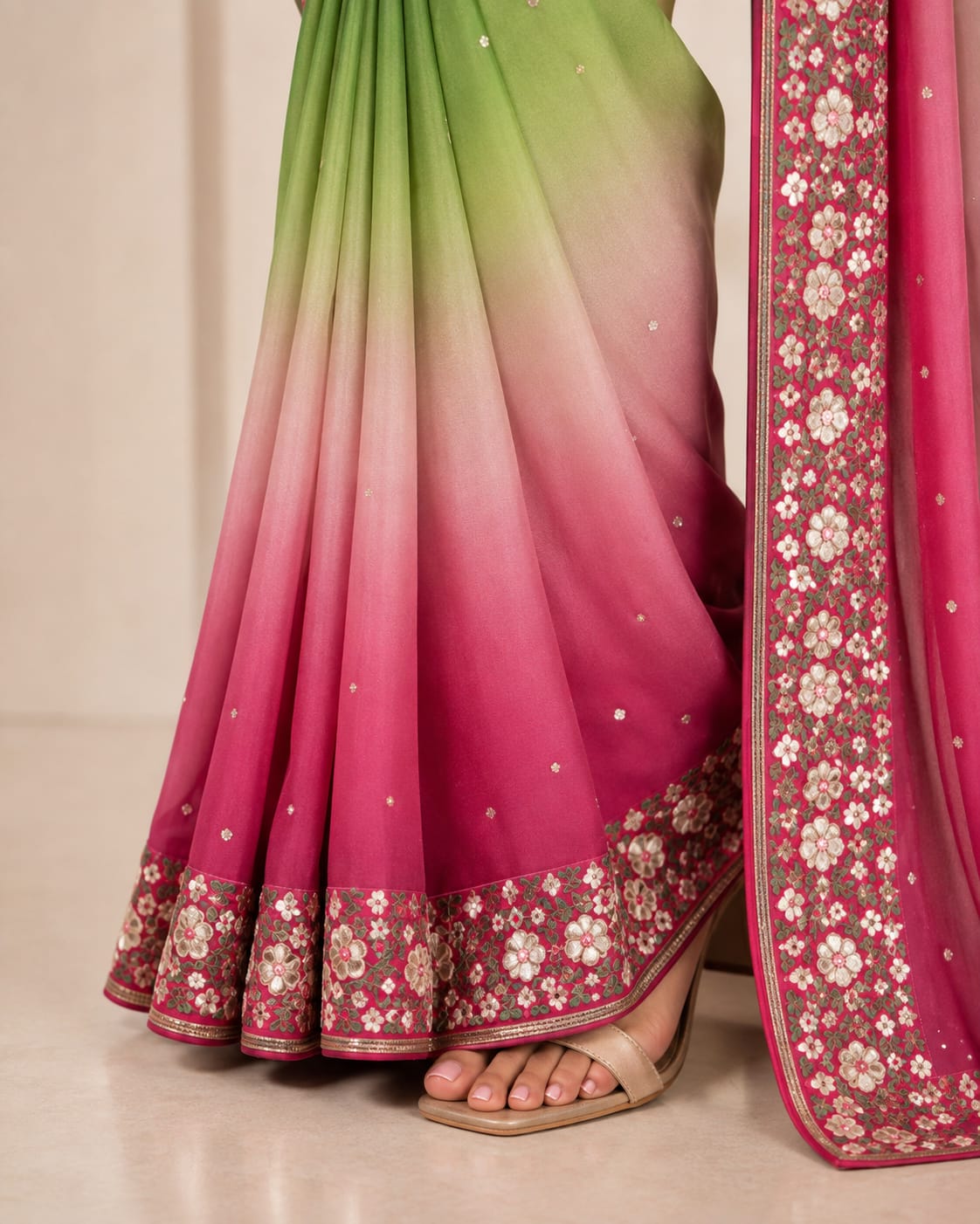 Chiffon Saree with Heavy Sequin Border & Contrast Blouse - View 3