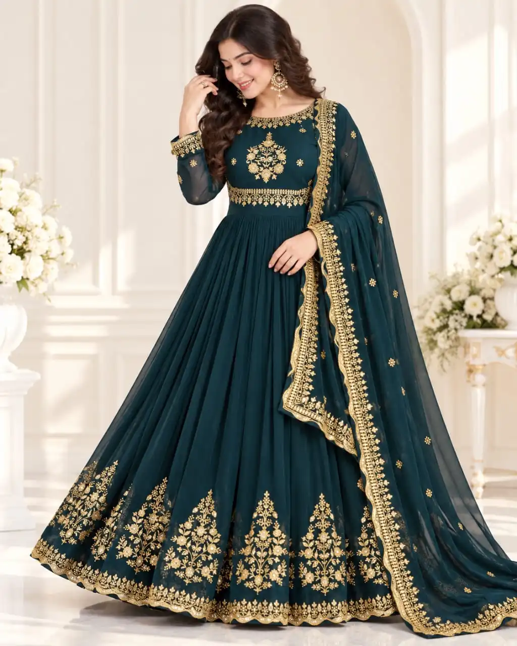 Dark Teal Faux Georgette Embroidered Gown Set | Designer Readymade Gown