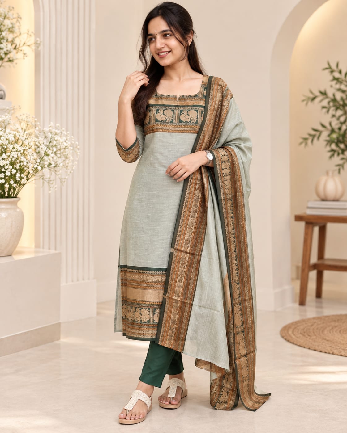 Pure Kanchi Cotton Printed Suit Set with Zari Jacquard Dupatta