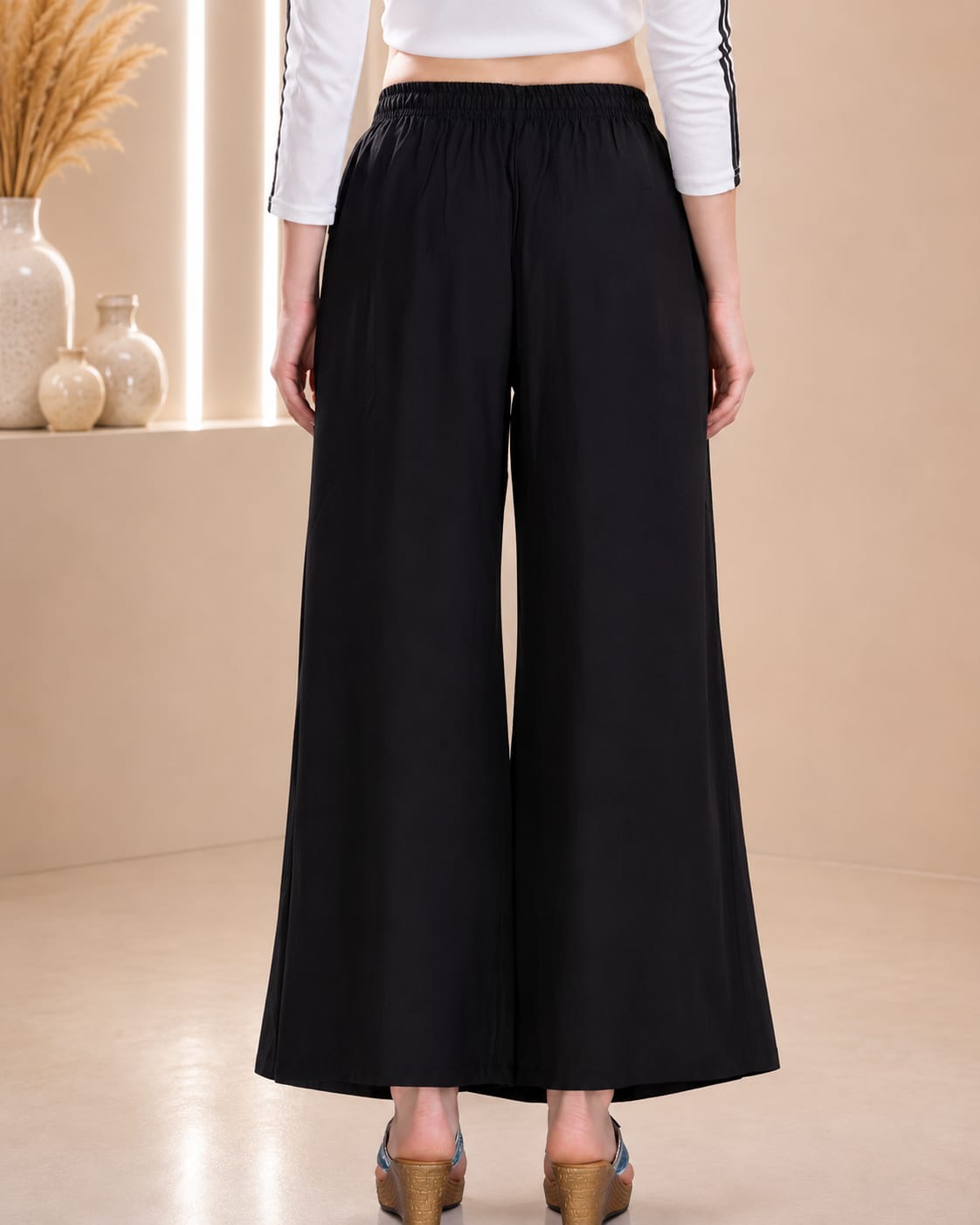 Rayon Black Palazzo Pants With Elasticated Belt
