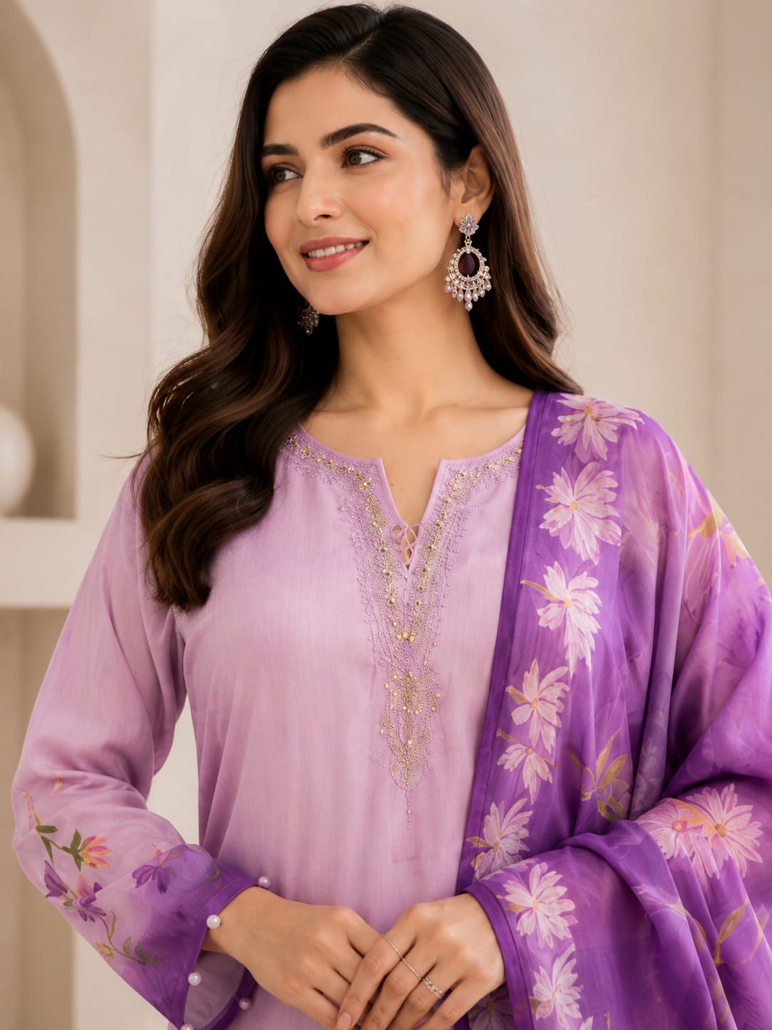 Lavender Soft Silk Kurti, Pant & Dupatta Set - View 2