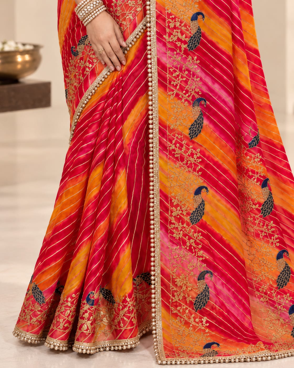 Red & Orange Leheriya Georgette Saree with Peacock Motifs | No Blouse - View 3