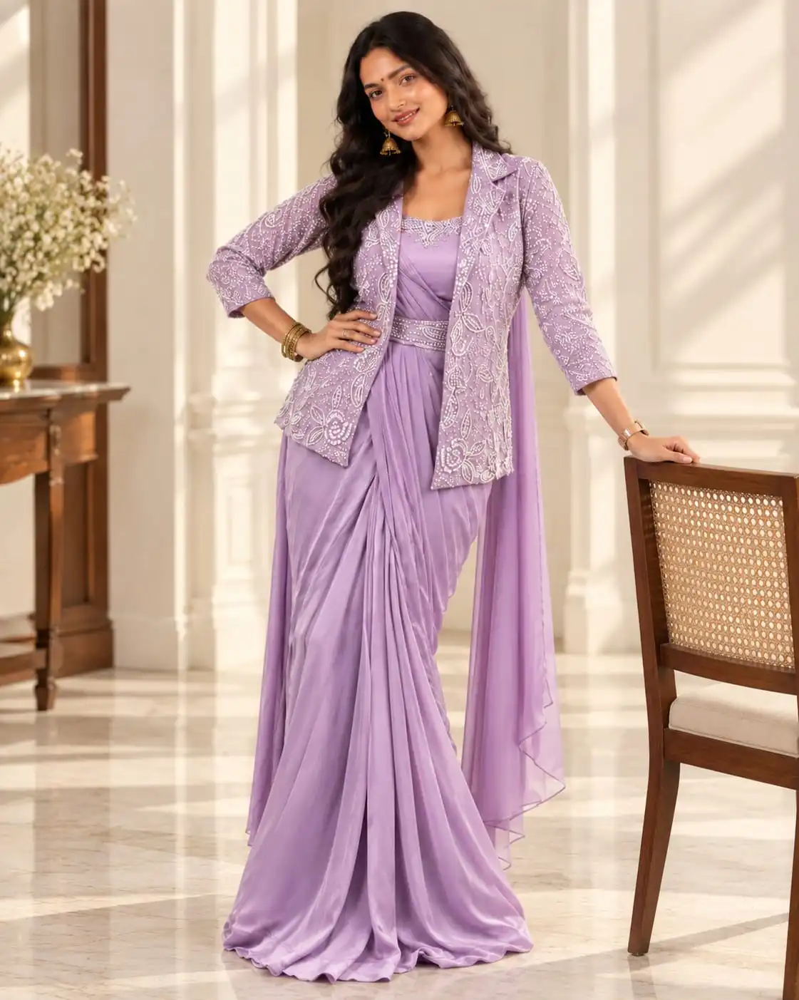Lavender Ready to Wear Saree with Jacket | Party Wear Saree - View 3