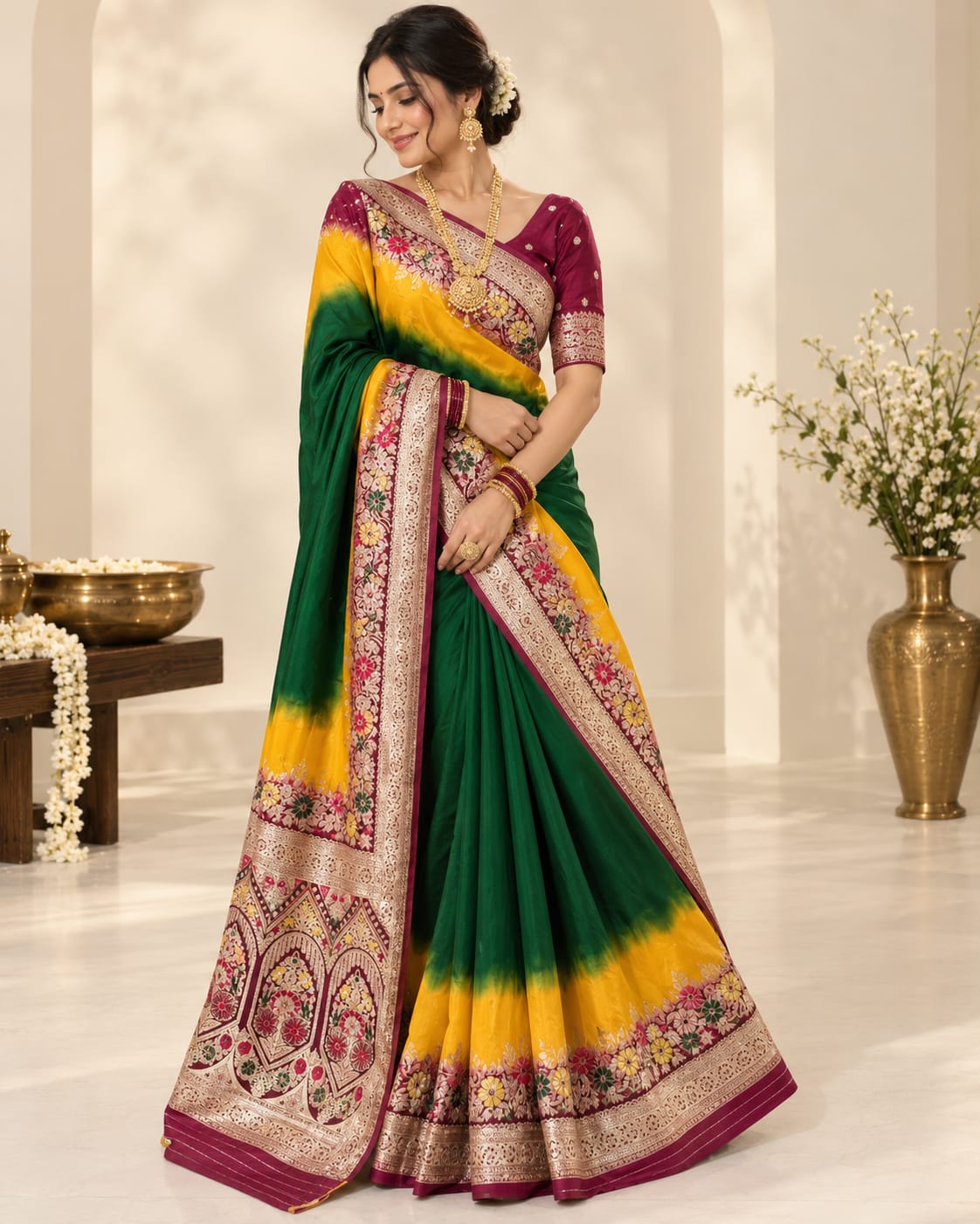 Premium Green Yellow Mix Silk Saree with Meenakari Zari Weaving