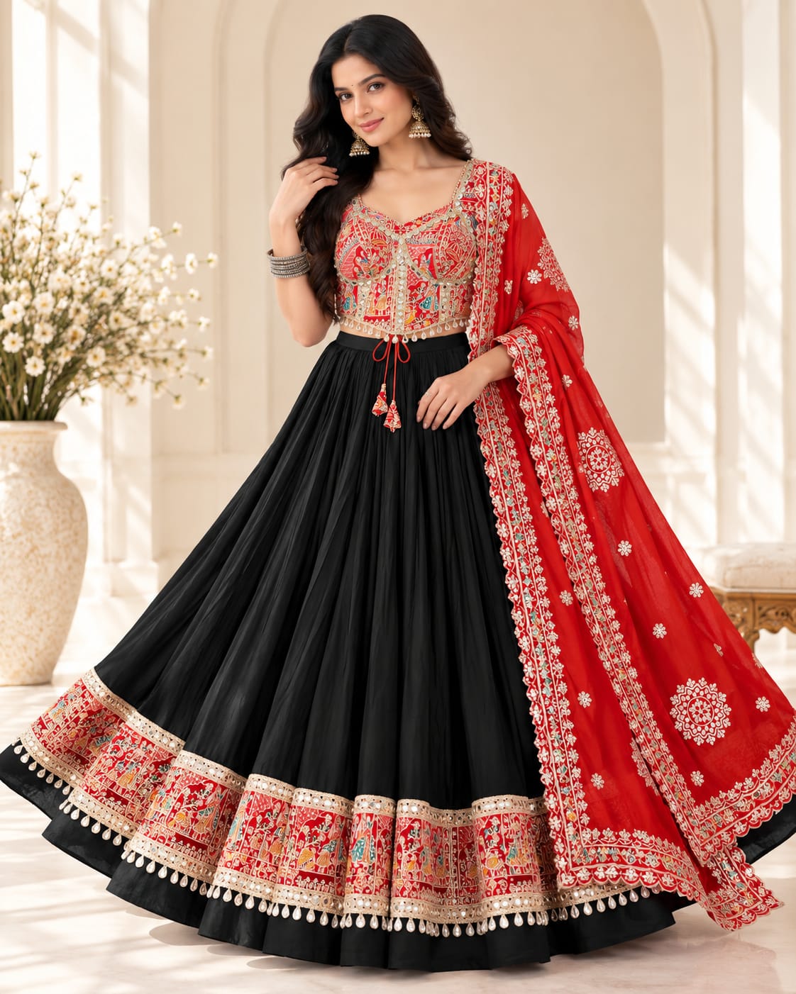 Black & Red Heavy Roman Cotton Navratri Lehenga Choli Set - View 3