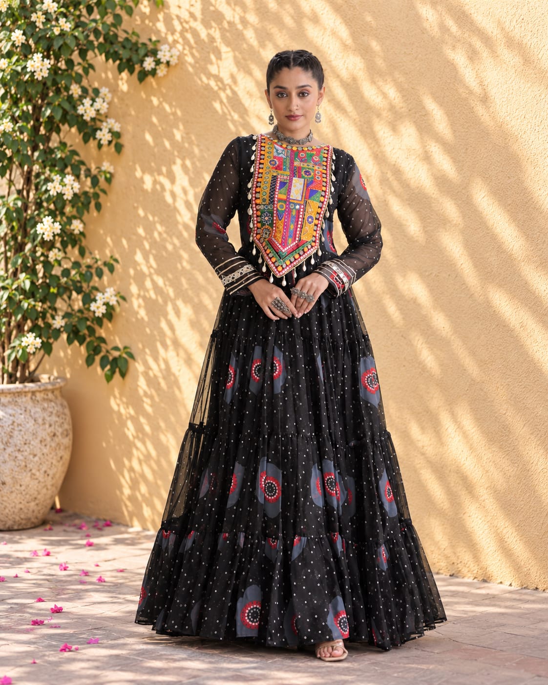 Black Navratri Special Bandhani Print Gown with Mirror Work