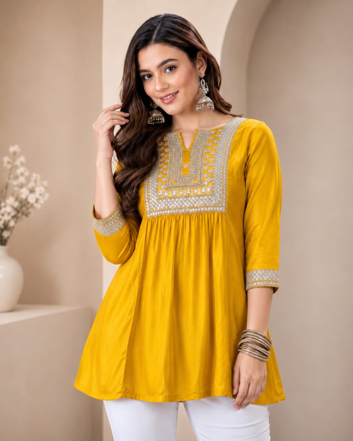 Yellow Rayon Top with Sequence Work