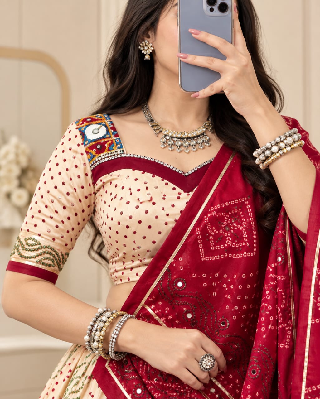 Navratri Lehenga Choli | Tasar Silk Bandhej Print With Gamthi Blouse - View 2