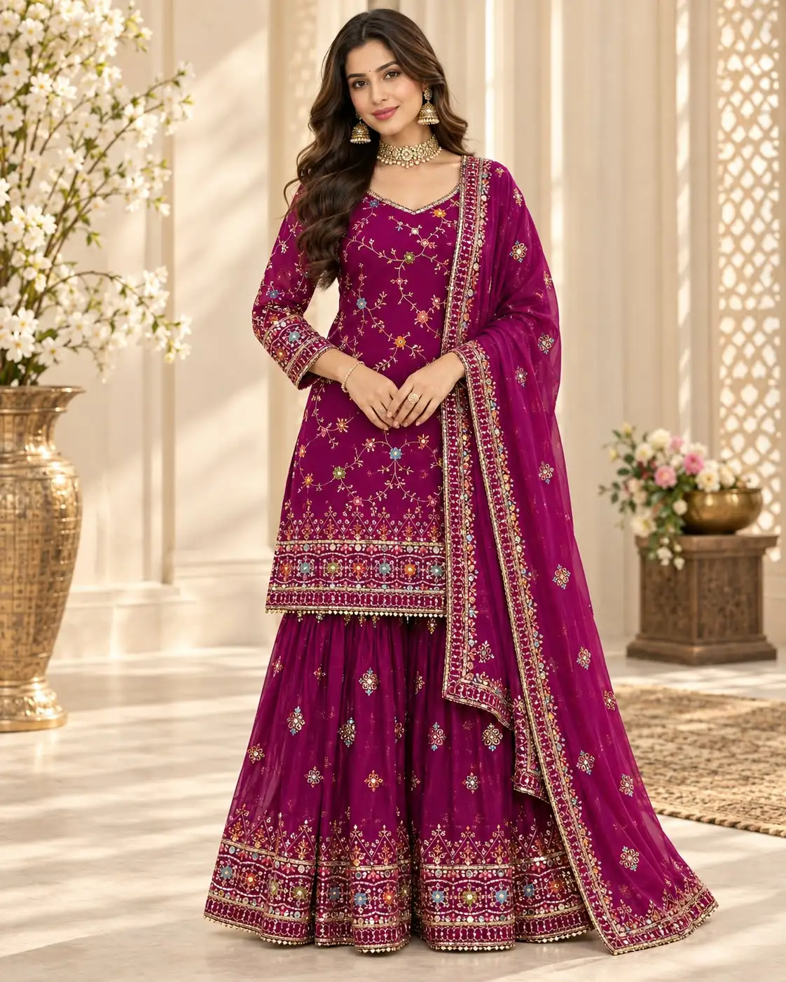 Purple Faux Georgette Embroidered Sharara Suit Set