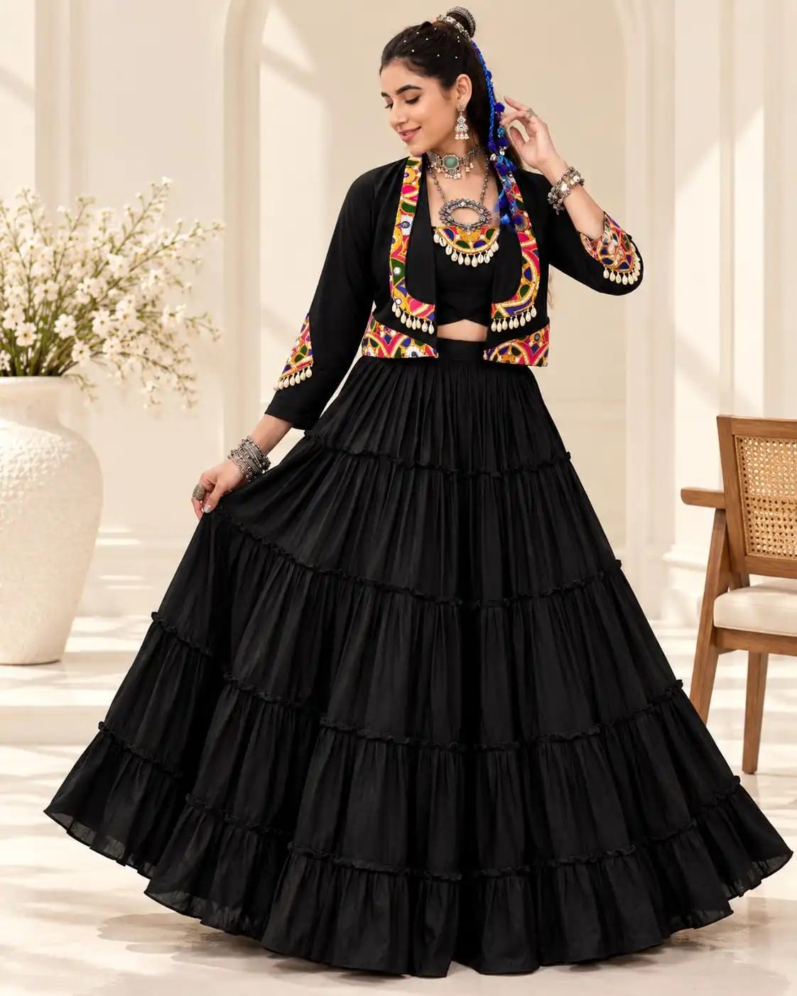 Black Pure Rayon Rajudi Lehenga Choli Set - View 2