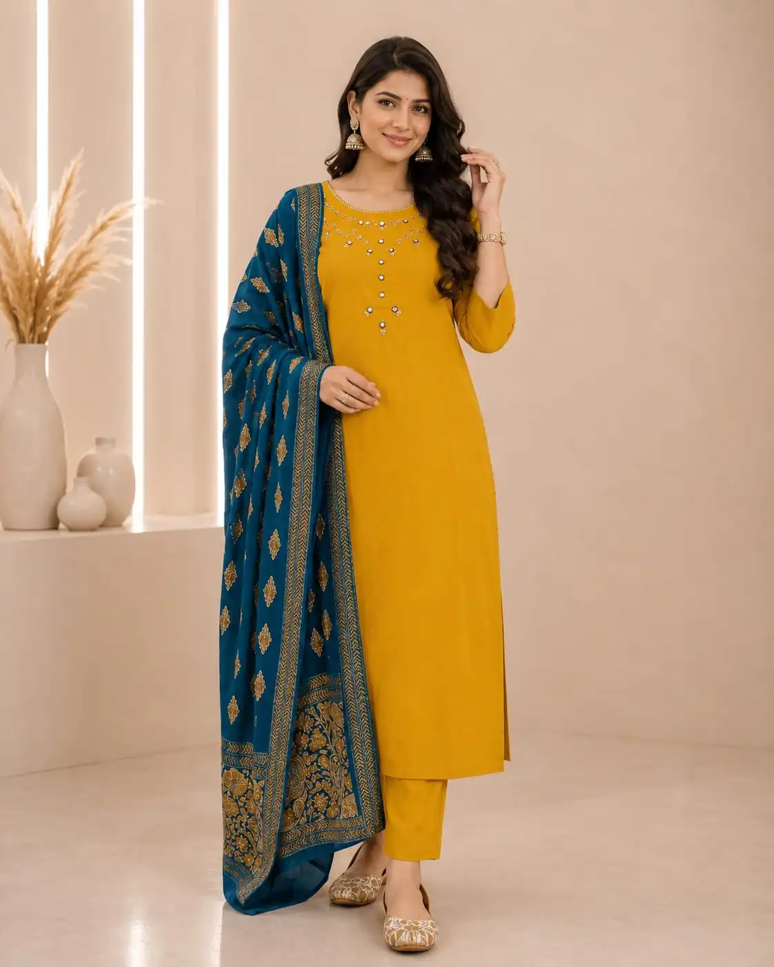 Pure Cotton Kurti Pant Set with Mulmul Dupatta