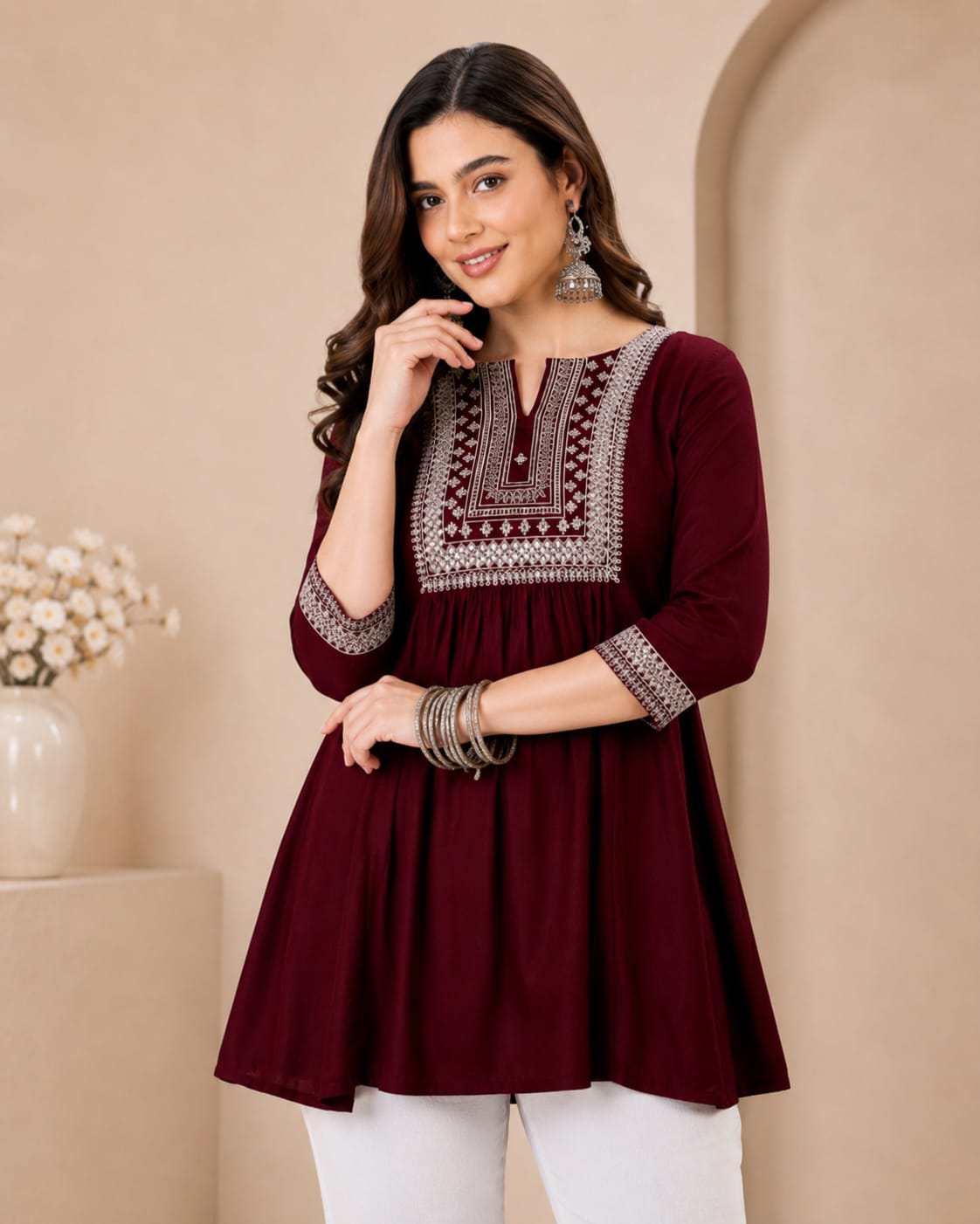 Maroon Rayon Top with Sequence Work - View 2