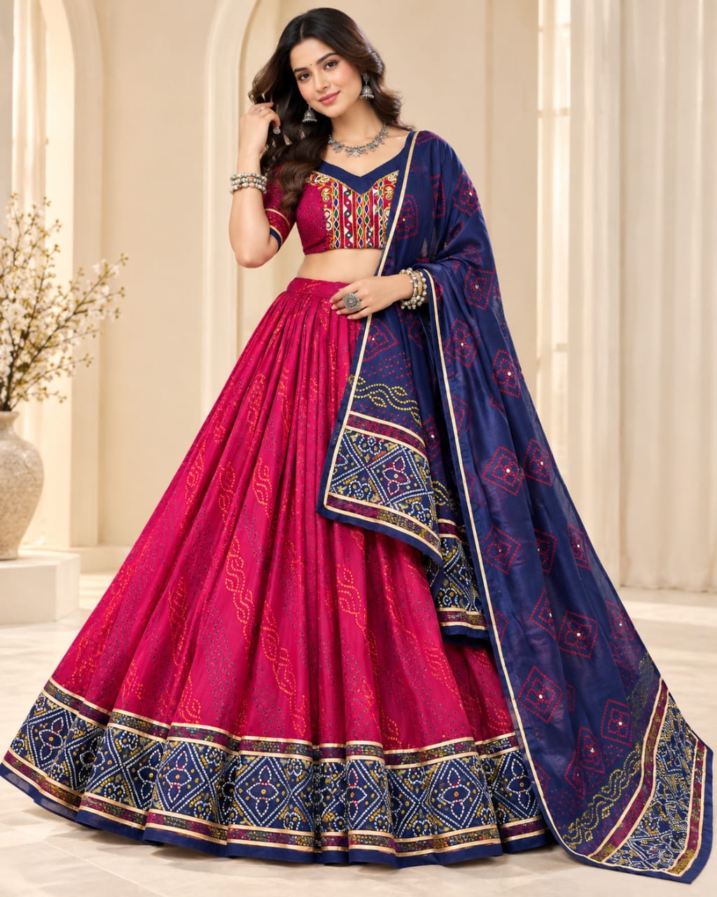Pink & Blue Tasar Silk Bandhej Print Chaniya Choli Set - View 2