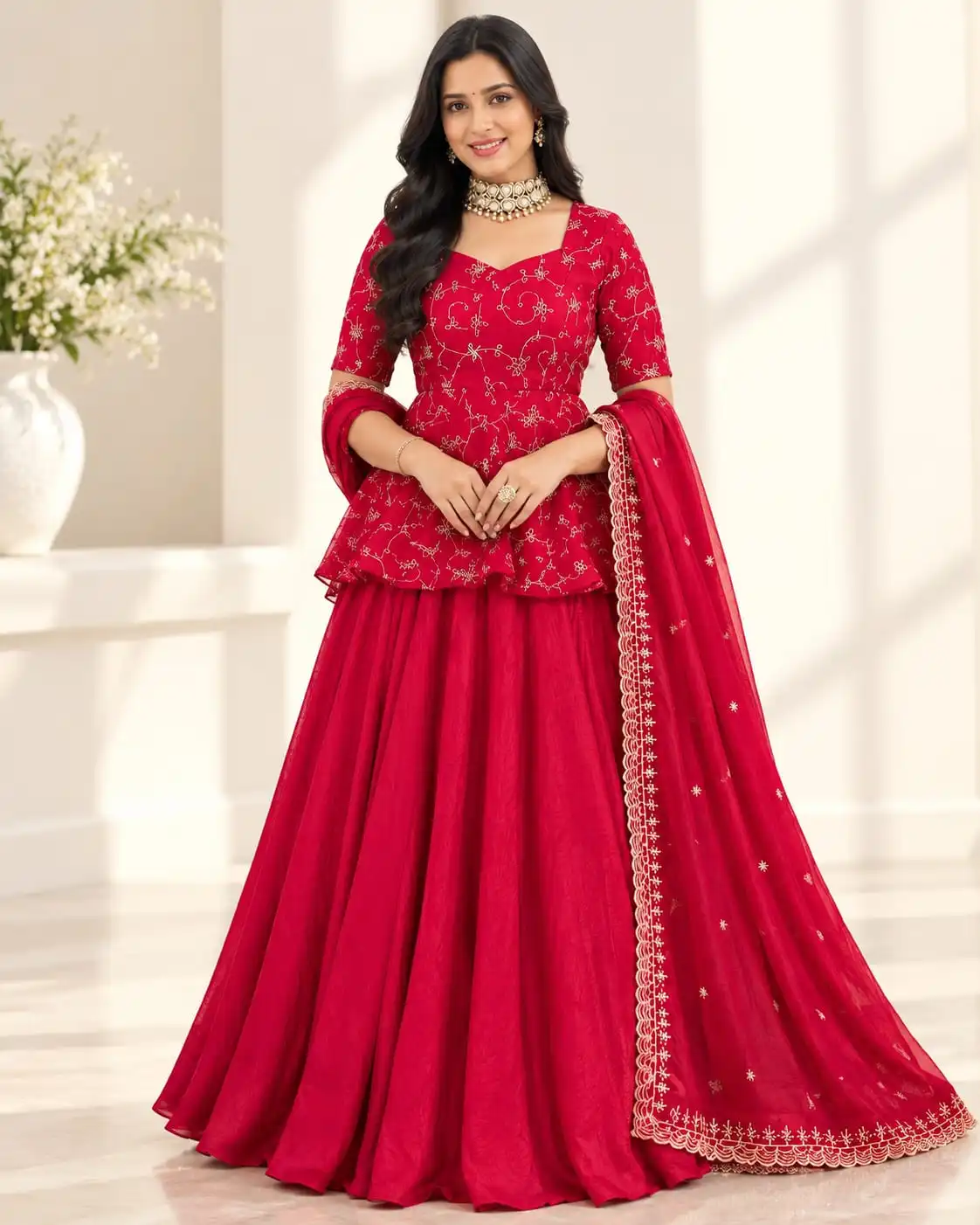 Red Peplum Top Lehenga Set with Embroidered Dupatta