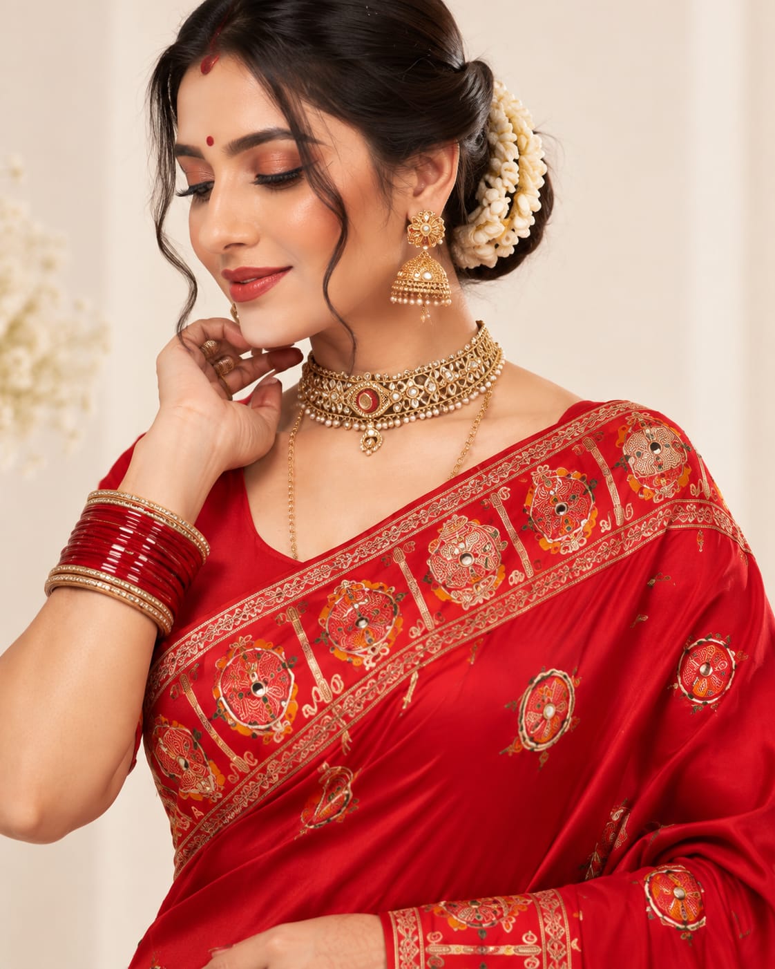 Red Karwa Chauth Special Saree | Unstitched Blouse - View 2