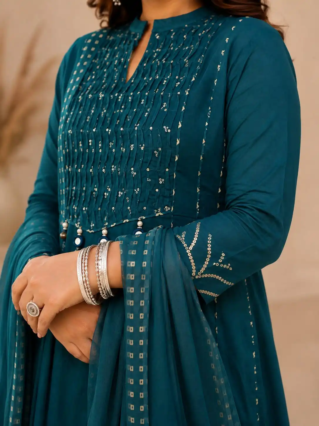 Printed Cotton Anarkali Suit With Dupatta In Teal Colour - View 2