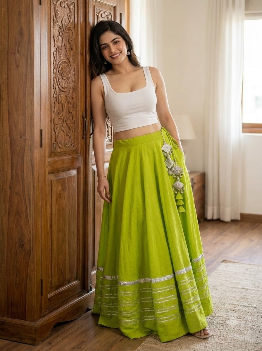 Lime Green Rayon Cotton Heavy Lace Chaniya (Only Skirt)