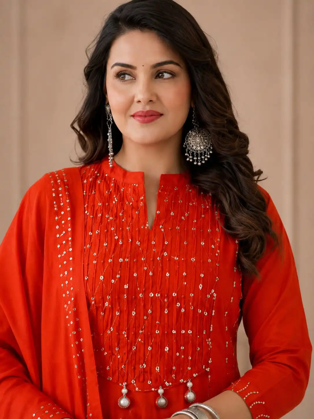 Red Printed Cotton Anarkali Suit With Dupatta - View 3