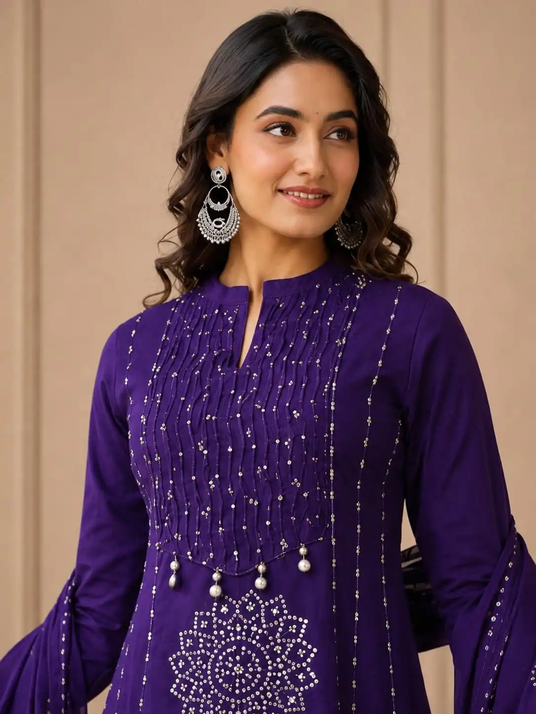 Purple Printed Cotton Anarkali Kurta With Dupatta - View 2