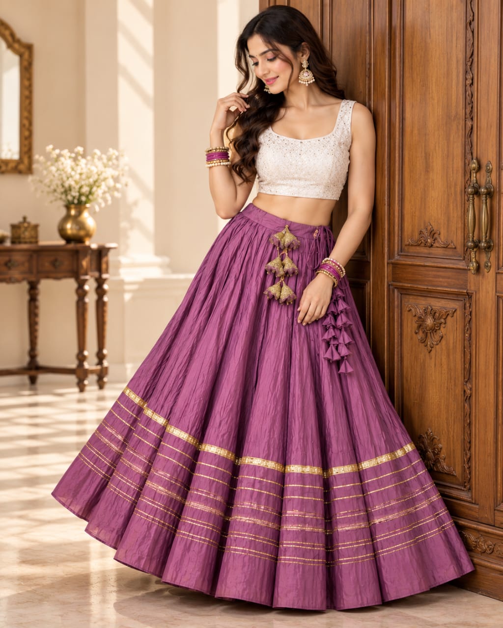 Purple Rayon Cotton Heavy Lace Chaniya [NO CHOLI]