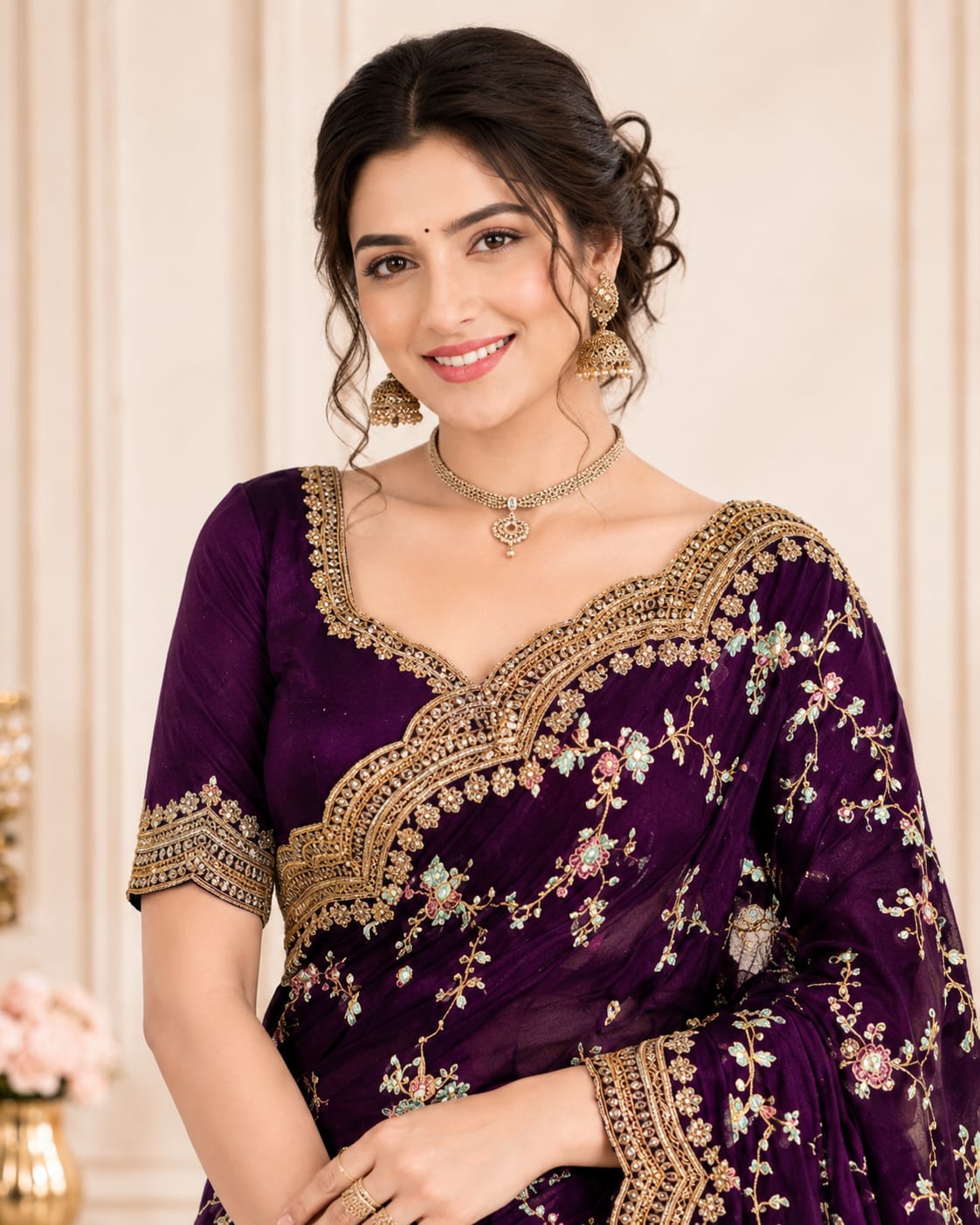 Designer Fandy Silk Saree with Embroidery & Stitched Blouse - View 2