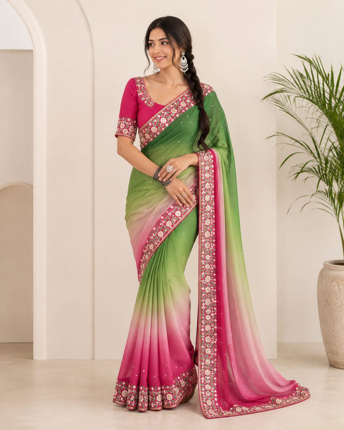Chiffon Saree with Heavy Sequin Border & Contrast Blouse