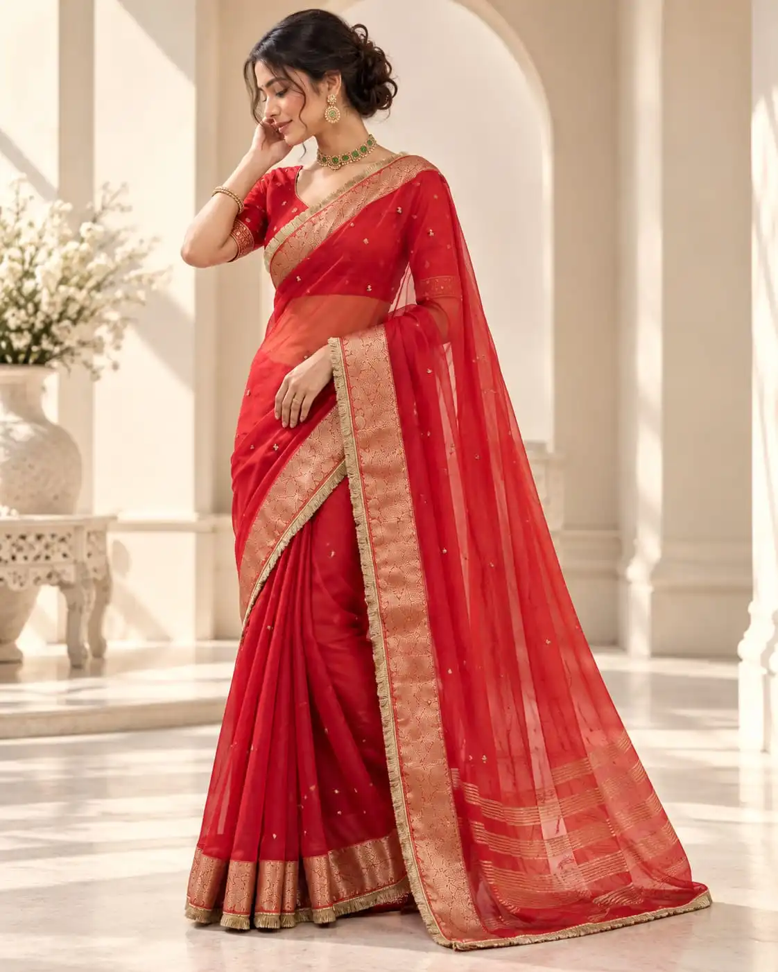 Red Soft Organza Ghunghroo Viral Designer Saree - View 3
