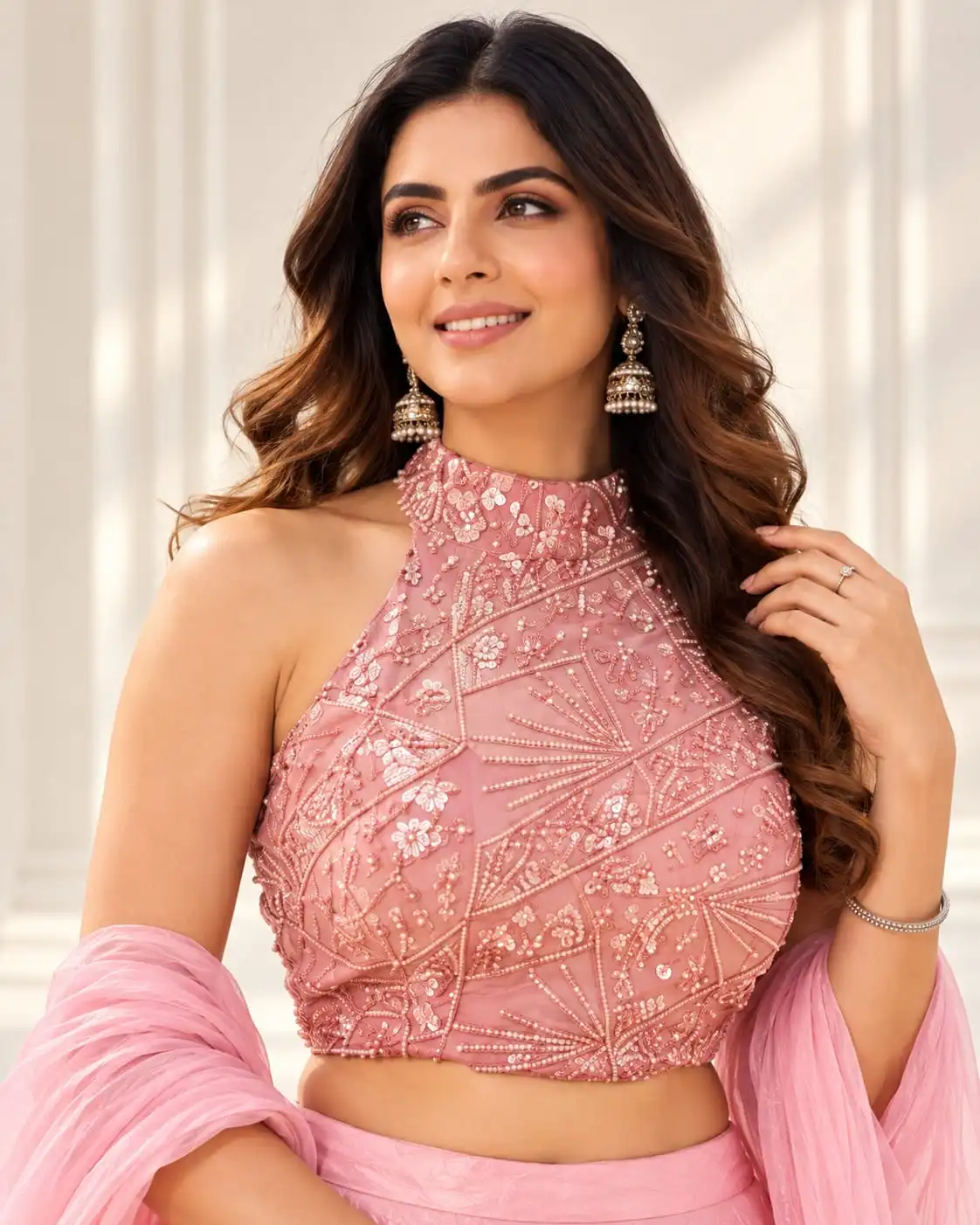 Pink Fendy Silk Beads Work Halter Neck Lehenga Set - View 2