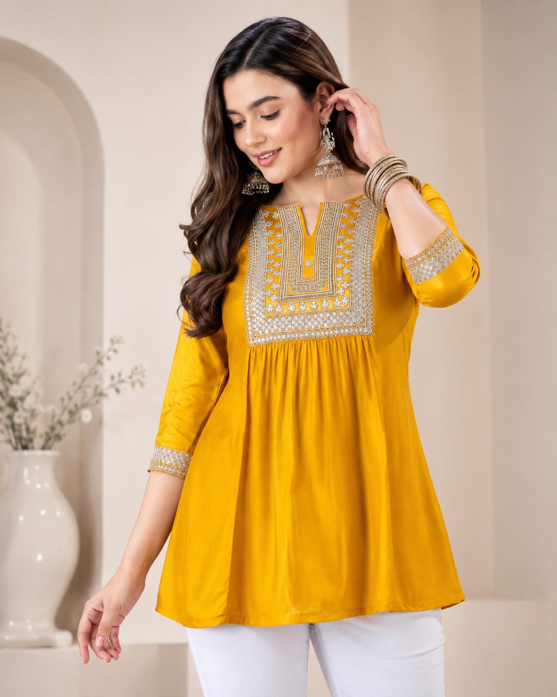 Yellow Rayon Top with Sequence Work - View 3