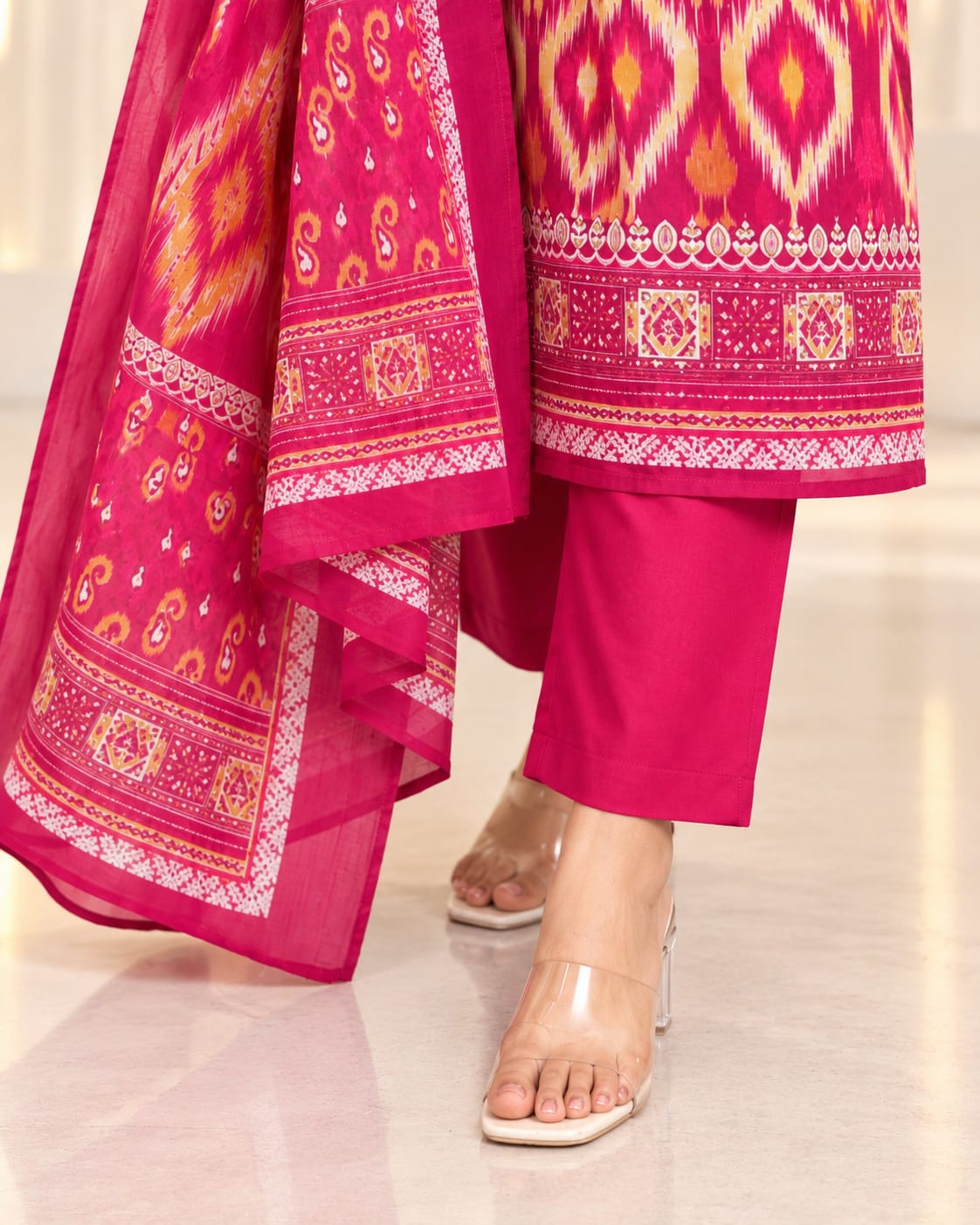 Magenta Pink Kanchi Cotton Printed Suit Set with Jacquard Dupatta - View 2