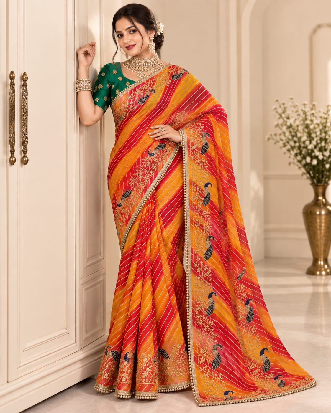 Red & Orange Leheriya Georgette Saree with Peacock Motifs | No Blouse