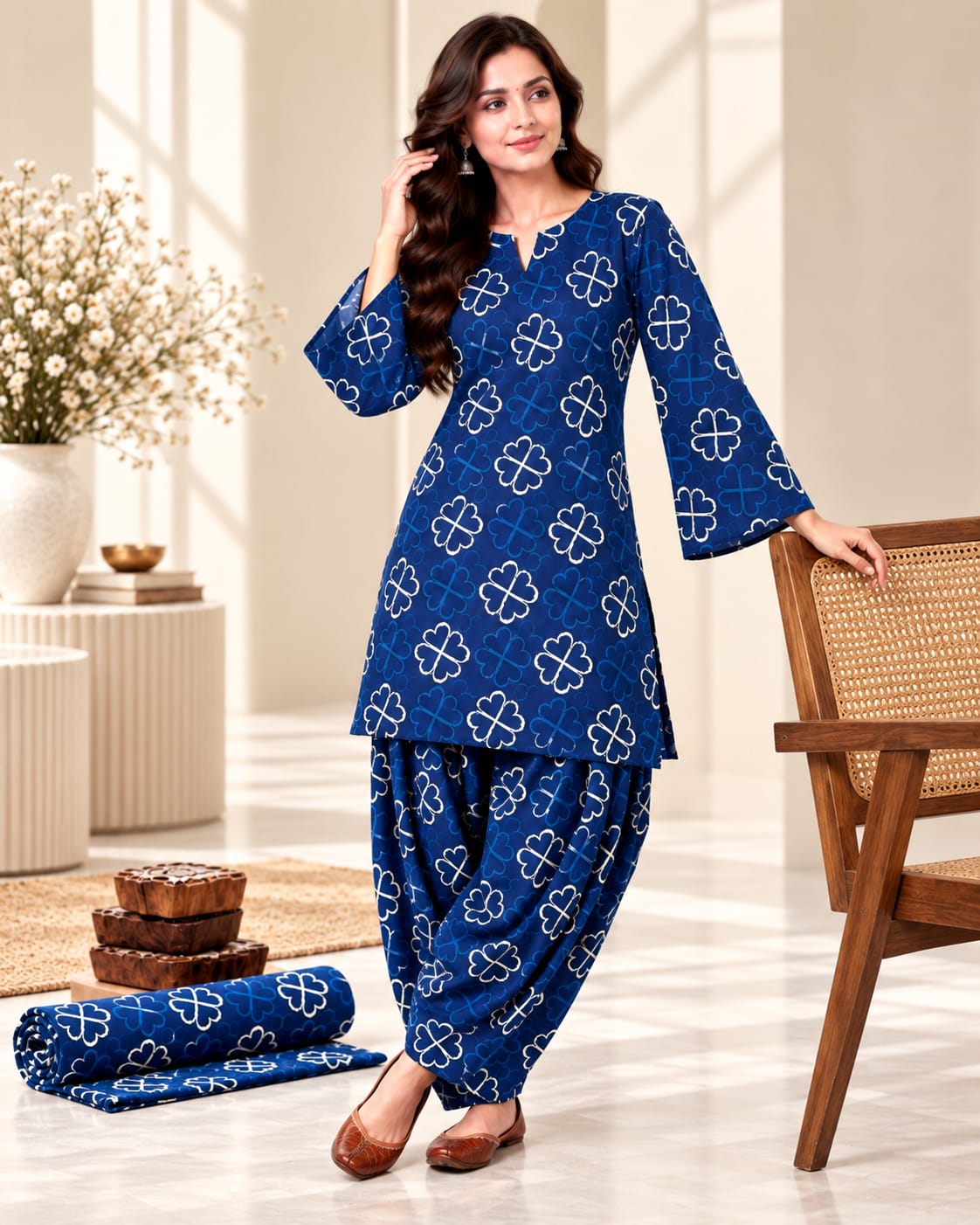 Royal Blue Clover Print Cotton Stitched Farsi Salwar Suit - View 3