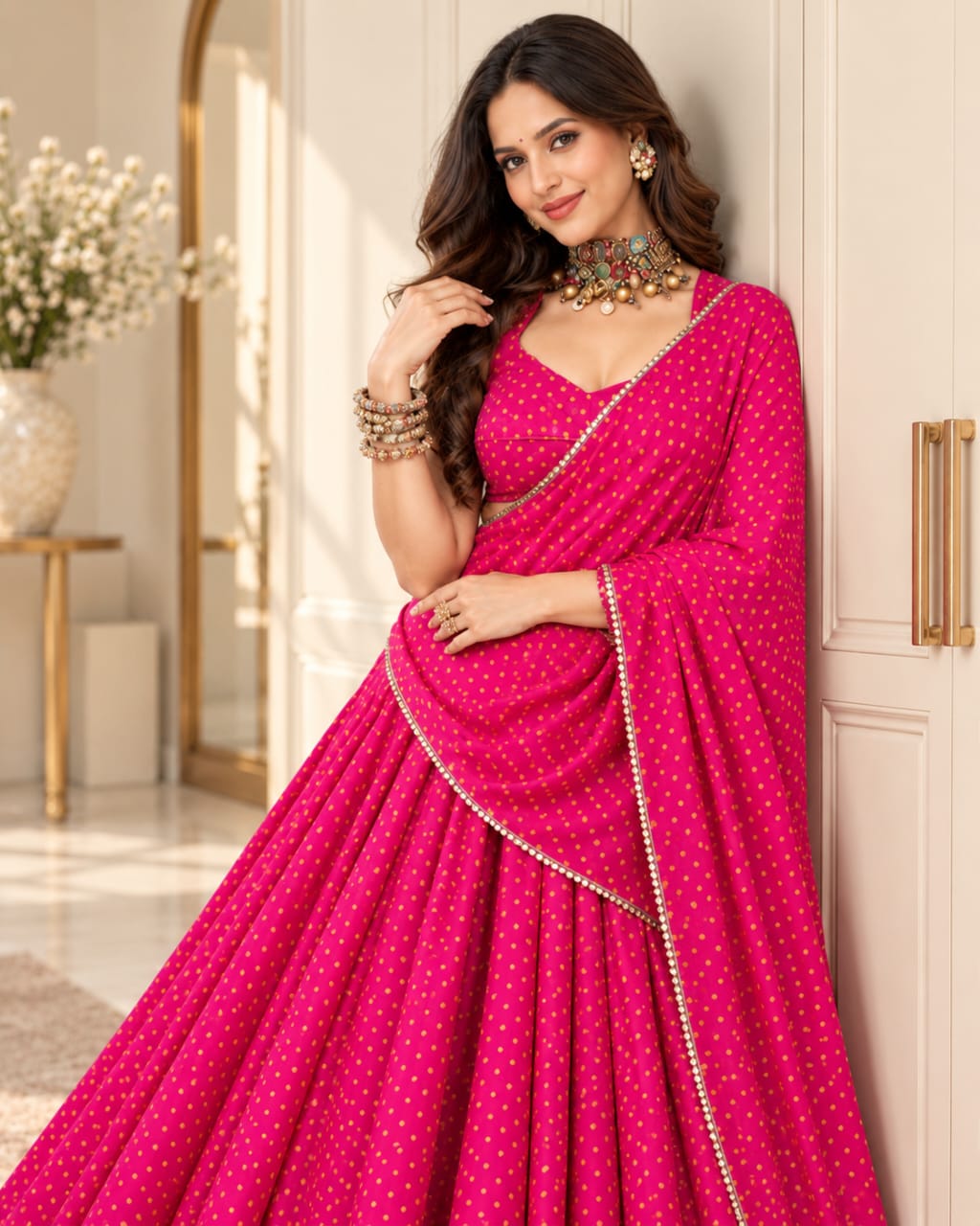 Pink Rich Chinon Navratri Special Lehenga Choli with Dupatta - View 3