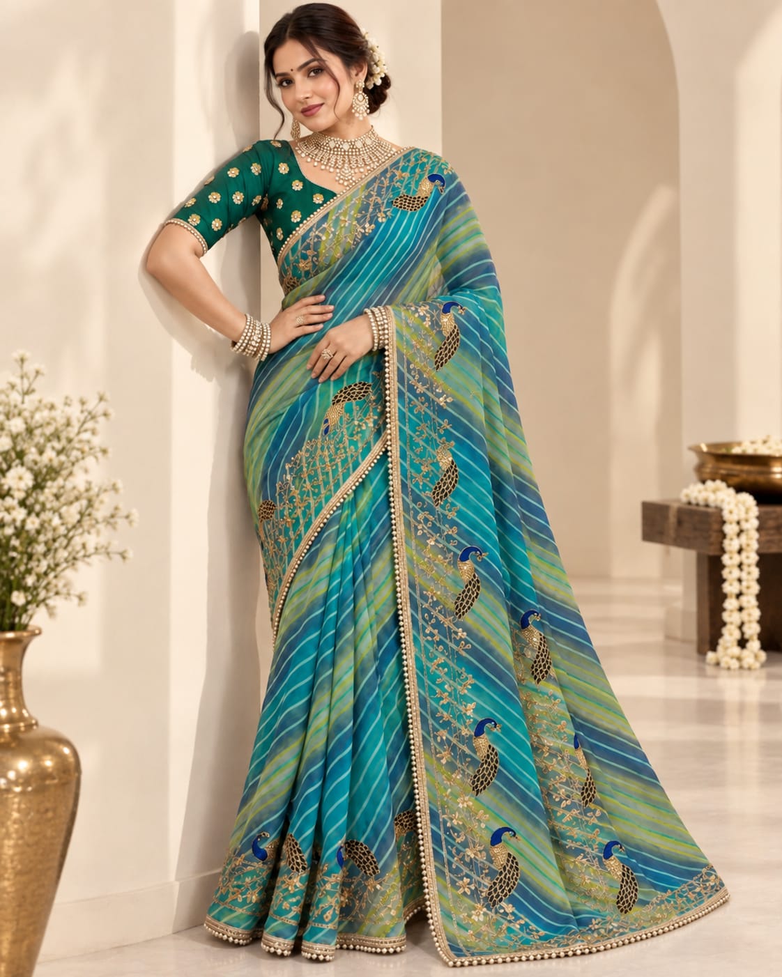 Blue & Green Leheriya Georgette Saree with Peacock Motifs | No Blouse