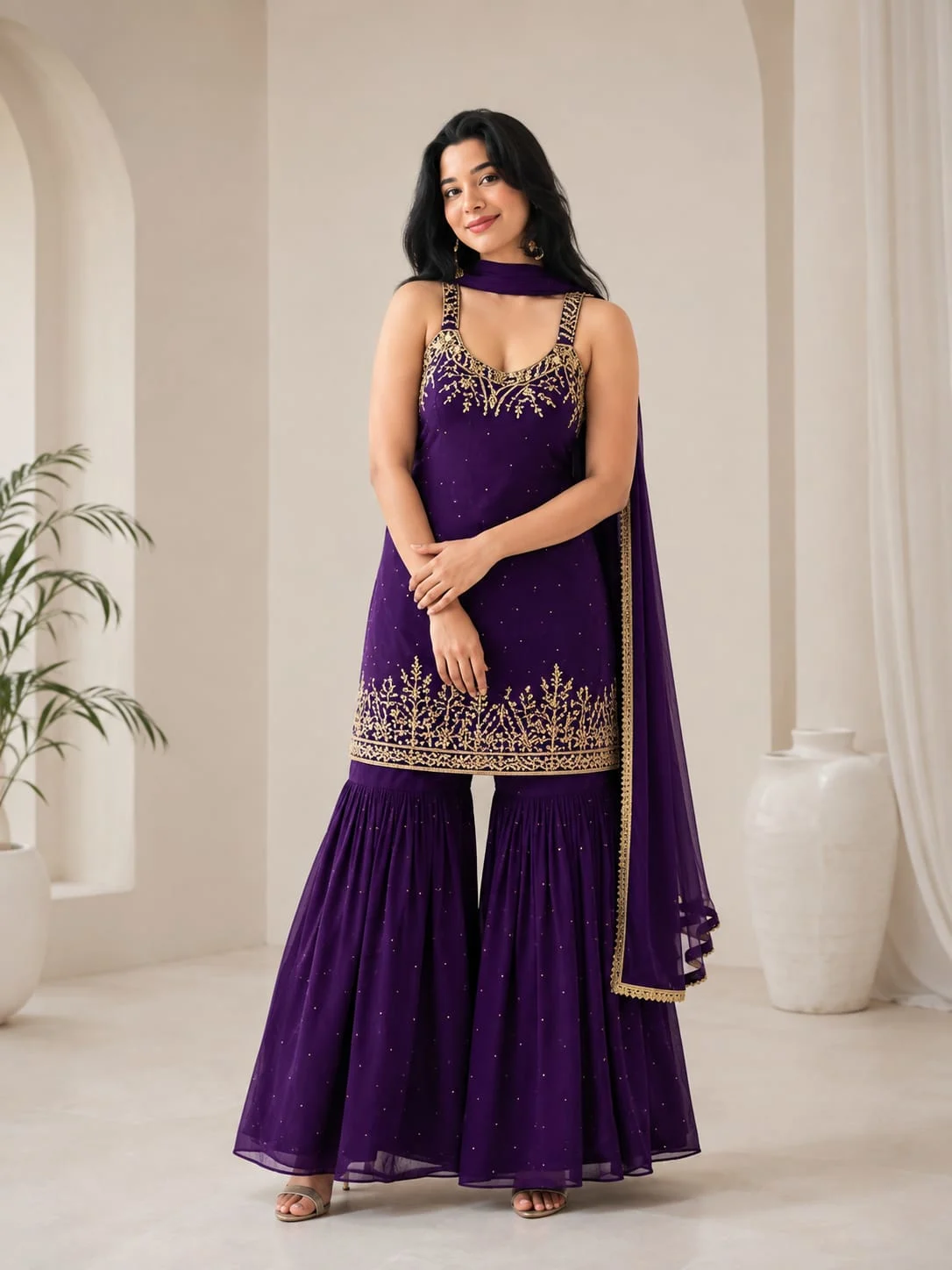 Purple Faux Georgette Top Palazzo & Dupatta Set