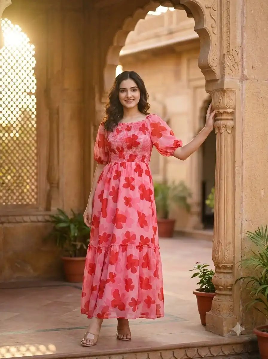 Floral Printed Smocked Maxi Dress - View 19