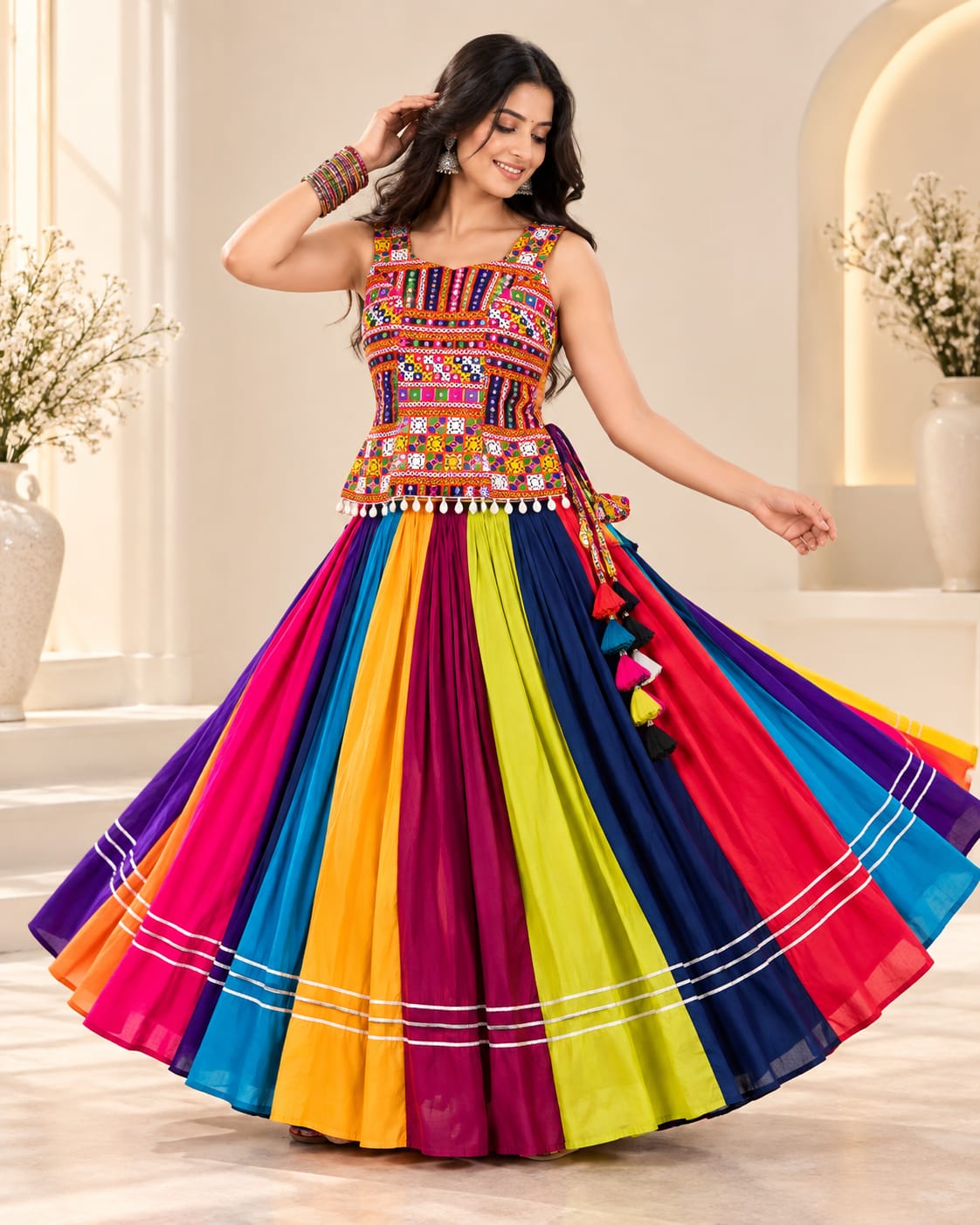 Navratri Special Multi-Color Roman Silk Chaniya Choli with Kutchi Work Blouse