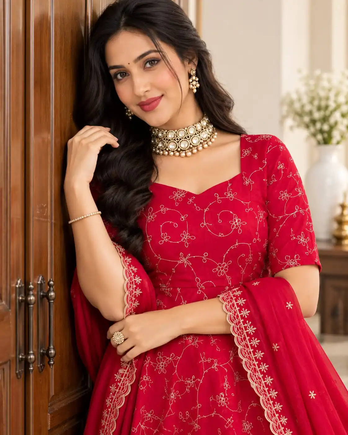 Red Peplum Top Lehenga Set with Embroidered Dupatta - View 3